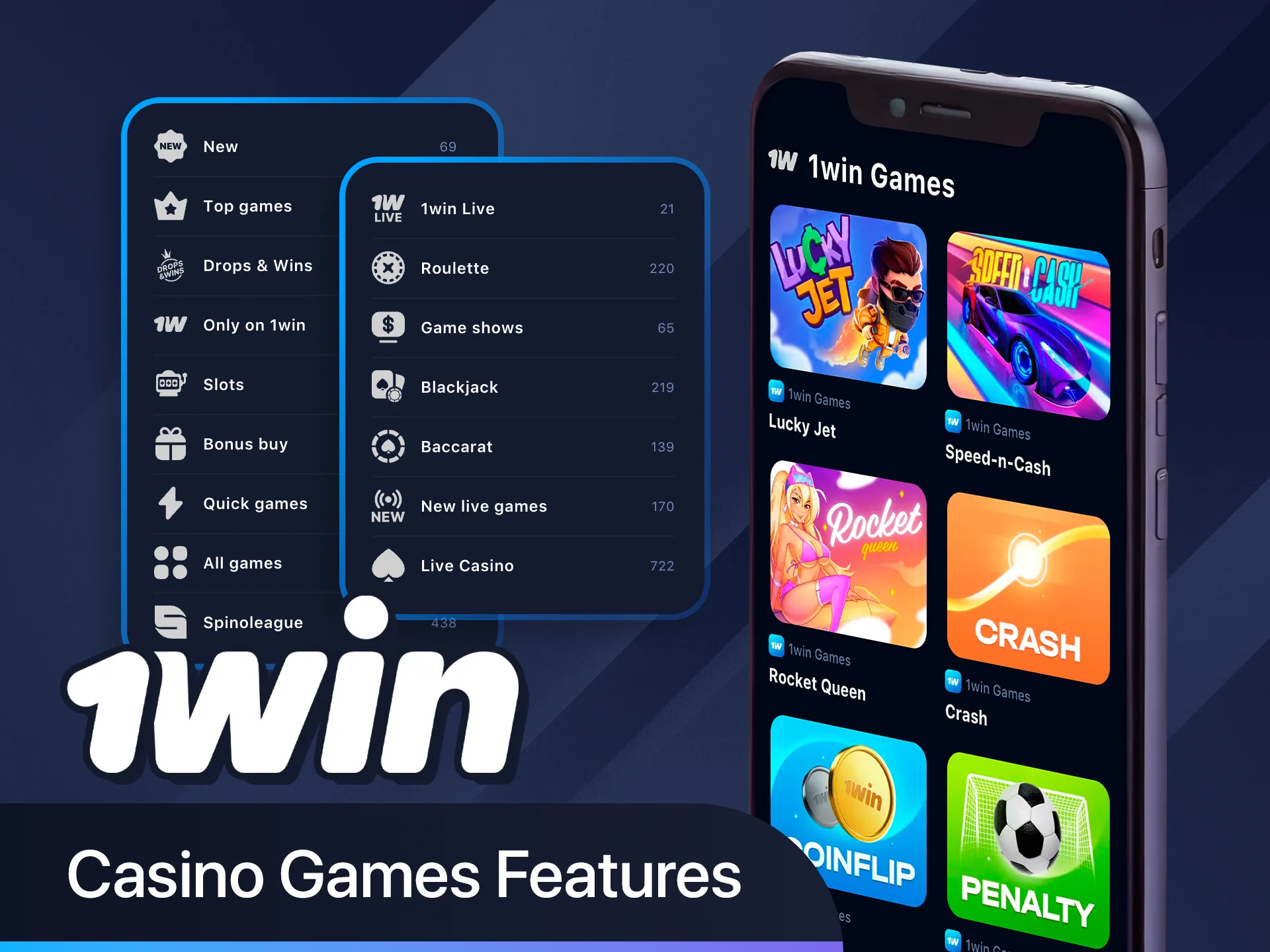 Play slots, cards, and more with 1win casino on mobile.