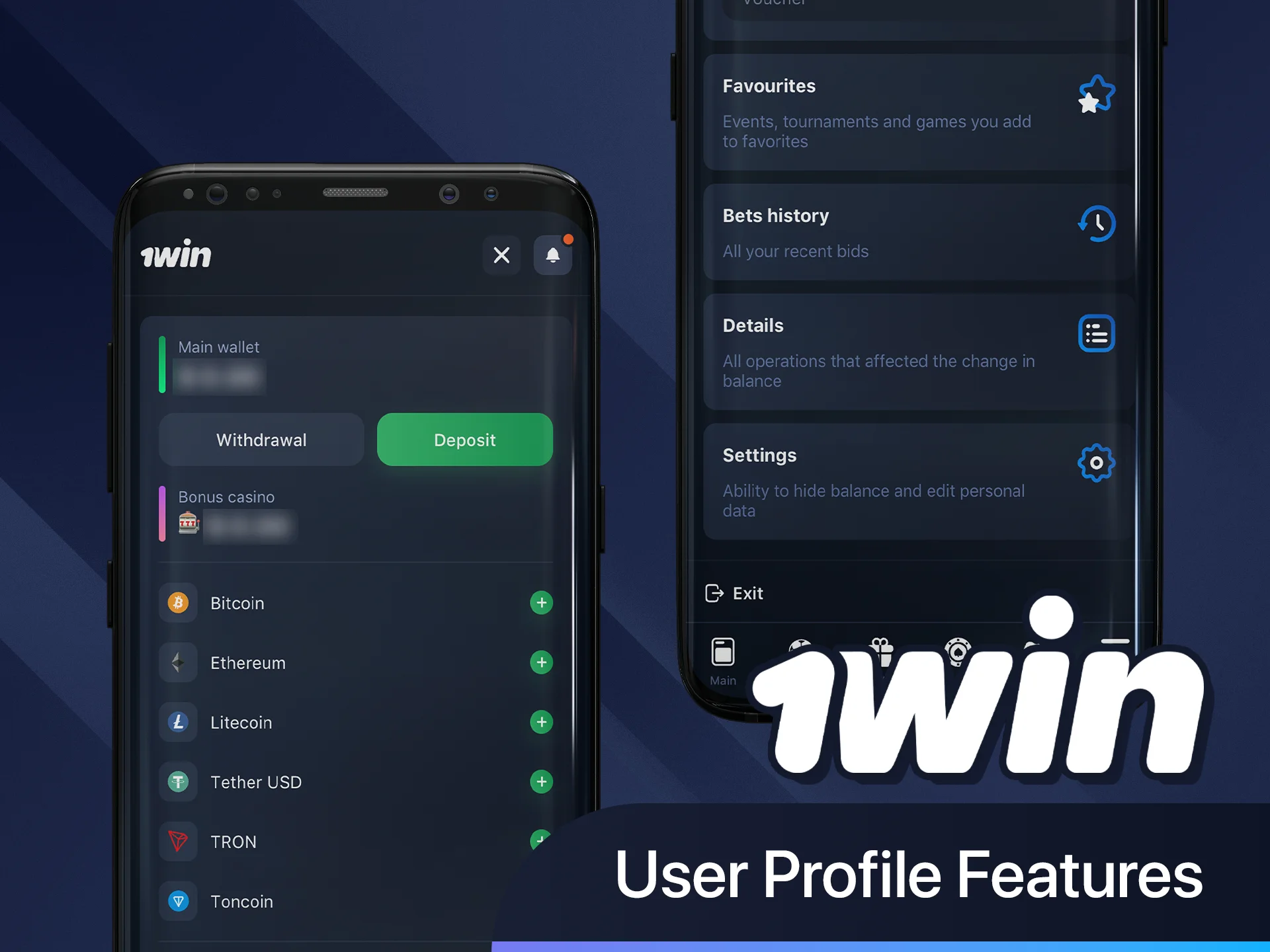 Manage your 1win profile settings in the app.