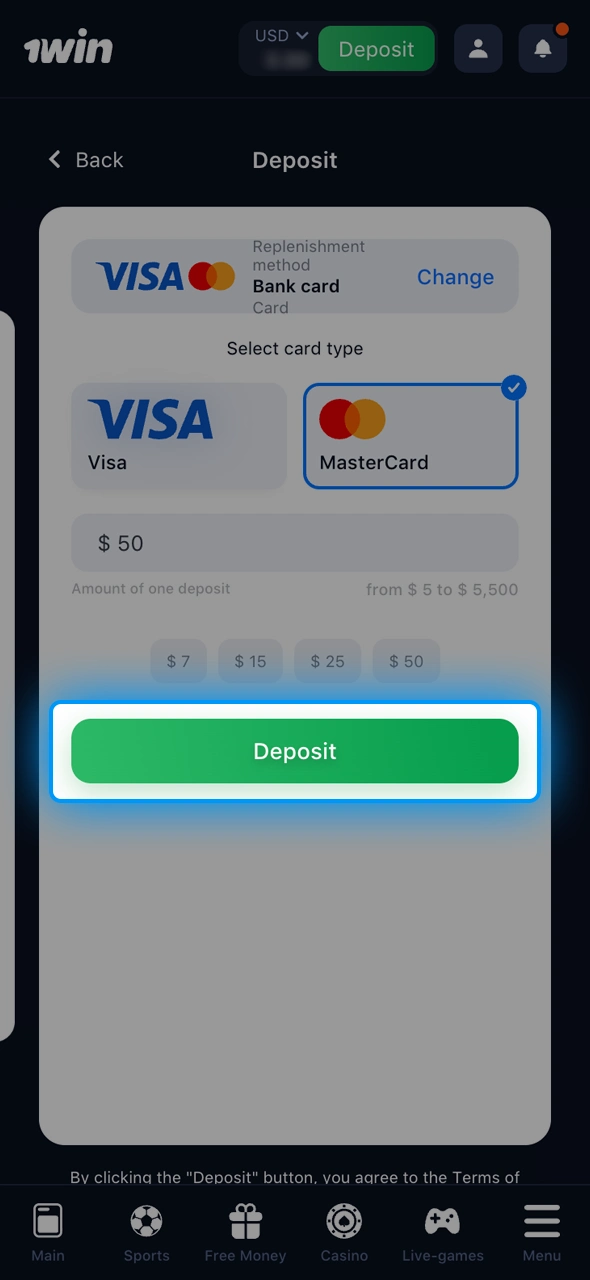 Check your info and complete the 1win deposit in seconds.