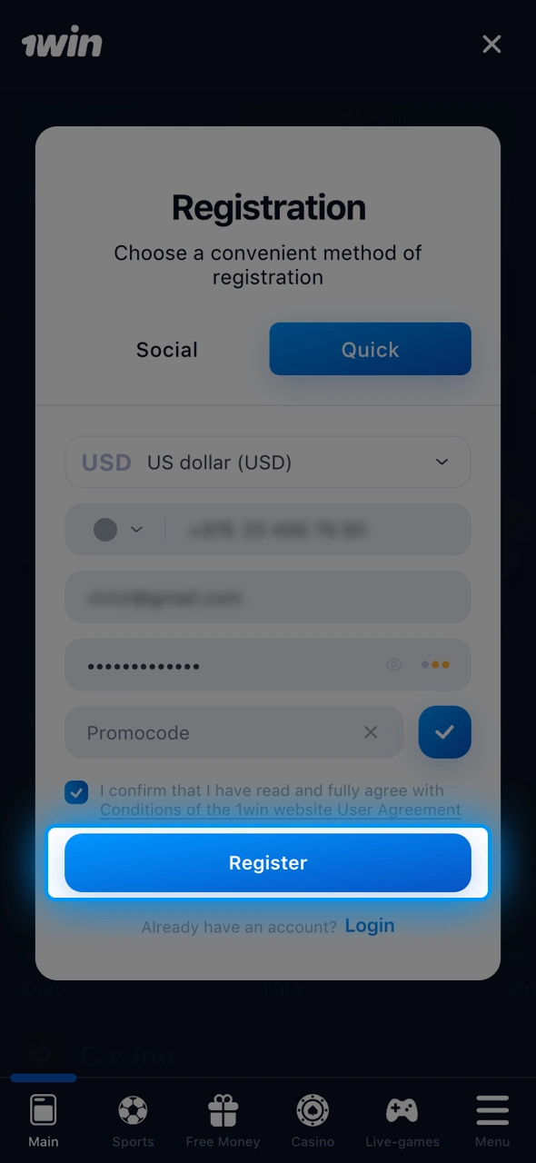 Tap Confirm and start using your 1win account now.