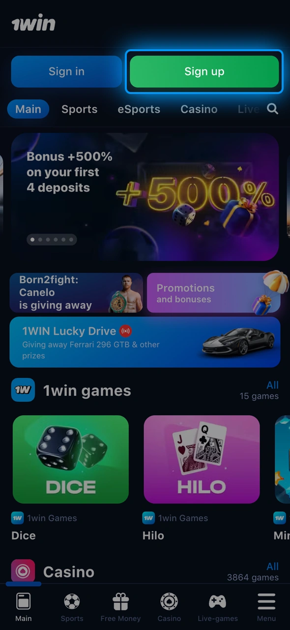 Find the Sign Up button and begin creating your 1win account.