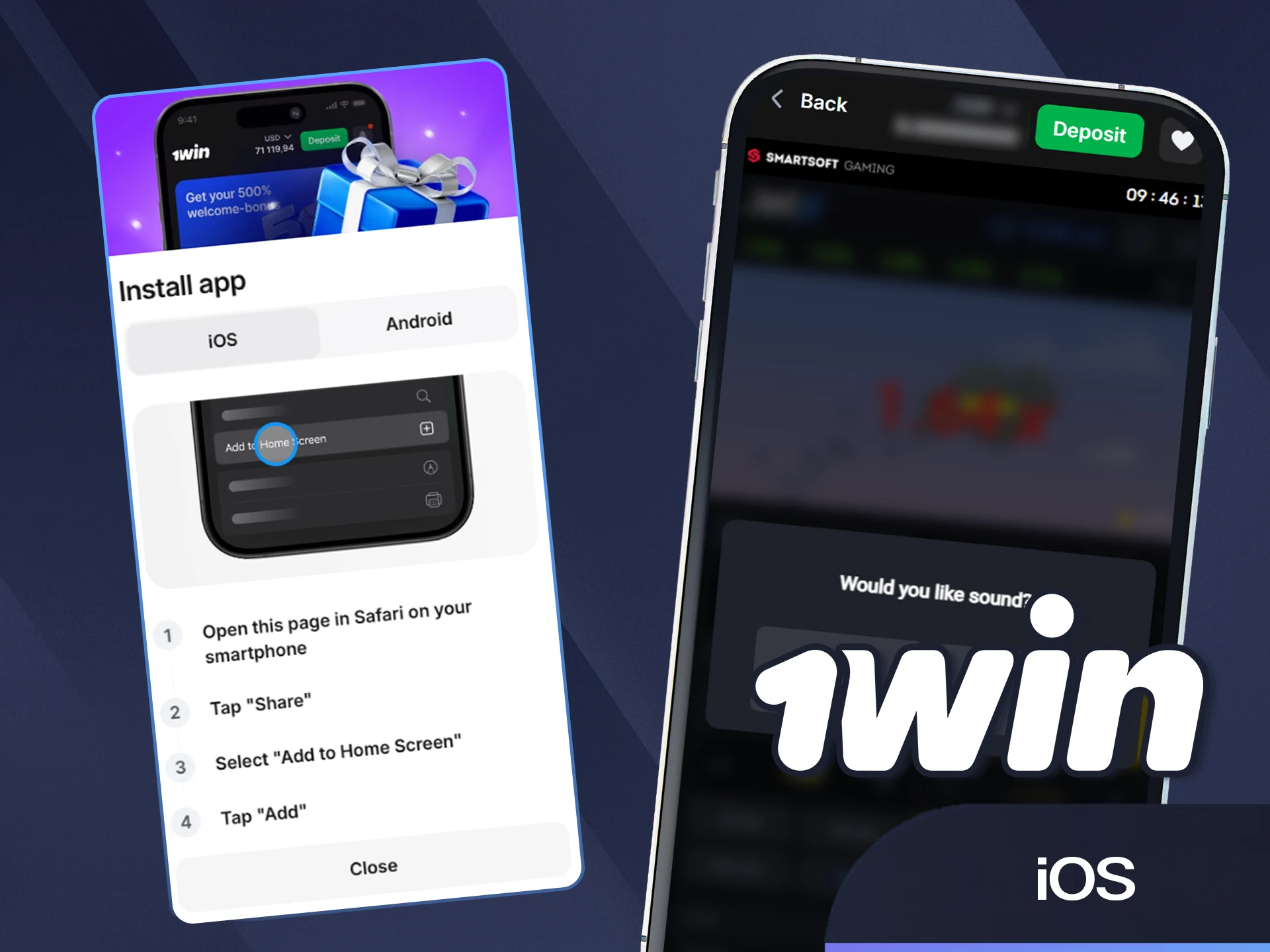 Install the iOS mobile version from the official 1win website today.