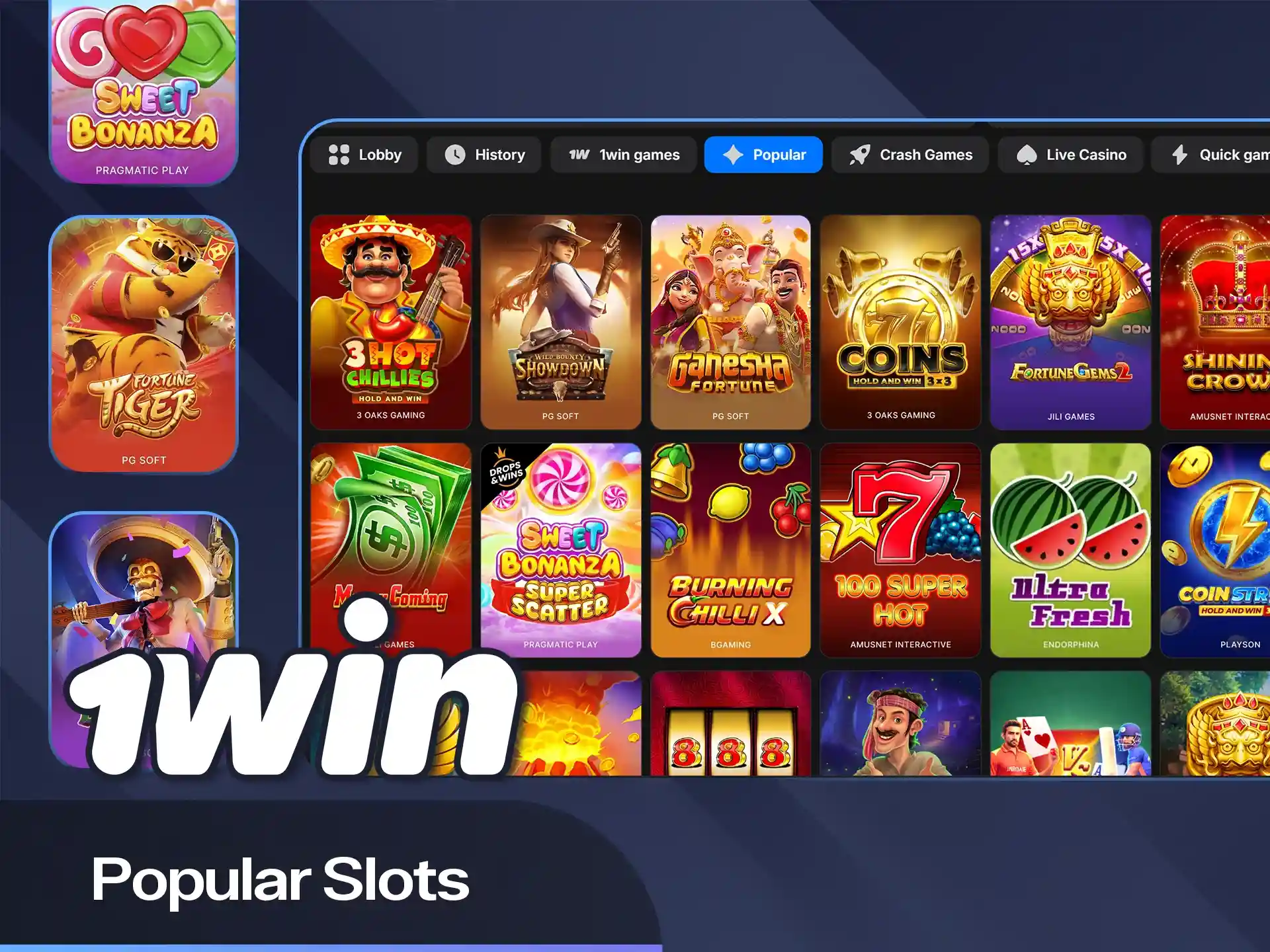 Enjoy the most played casino slots on the official 1win website today.