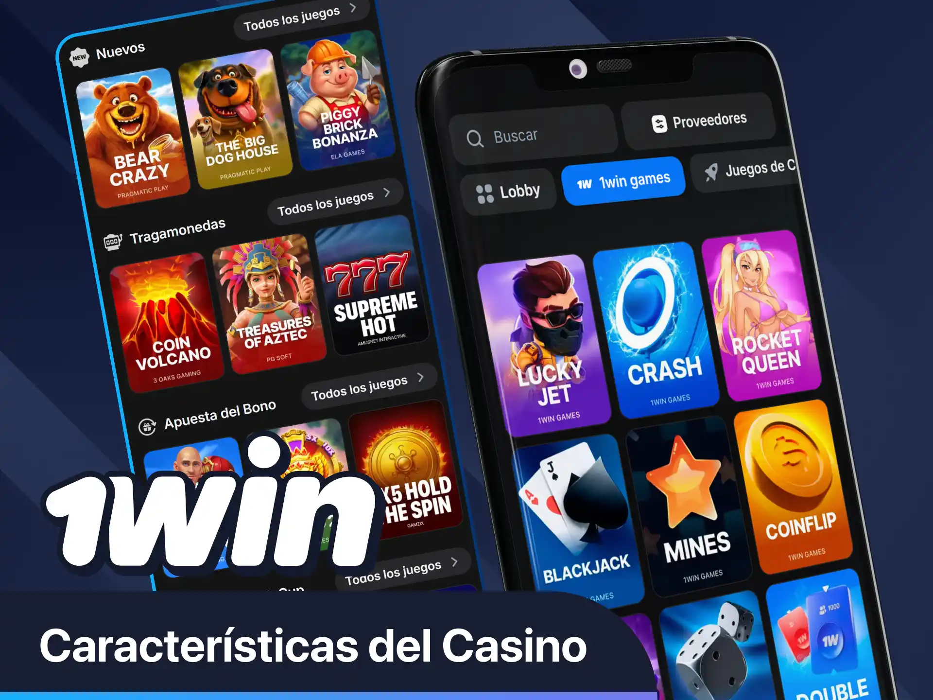 Juega a tragamonedas, juegos de cartas y más en 1win casino desde tu móvil.