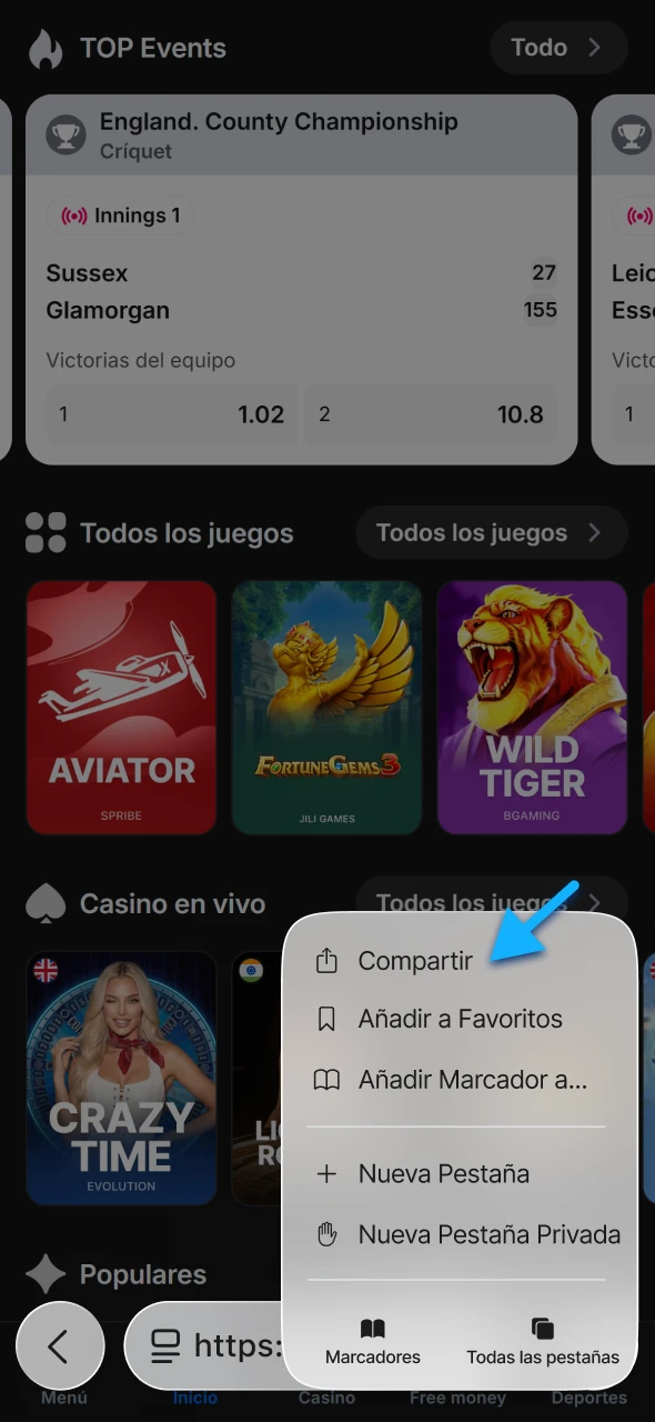 Descubre cómo abrir el menú de compartir para añadir 1win.
