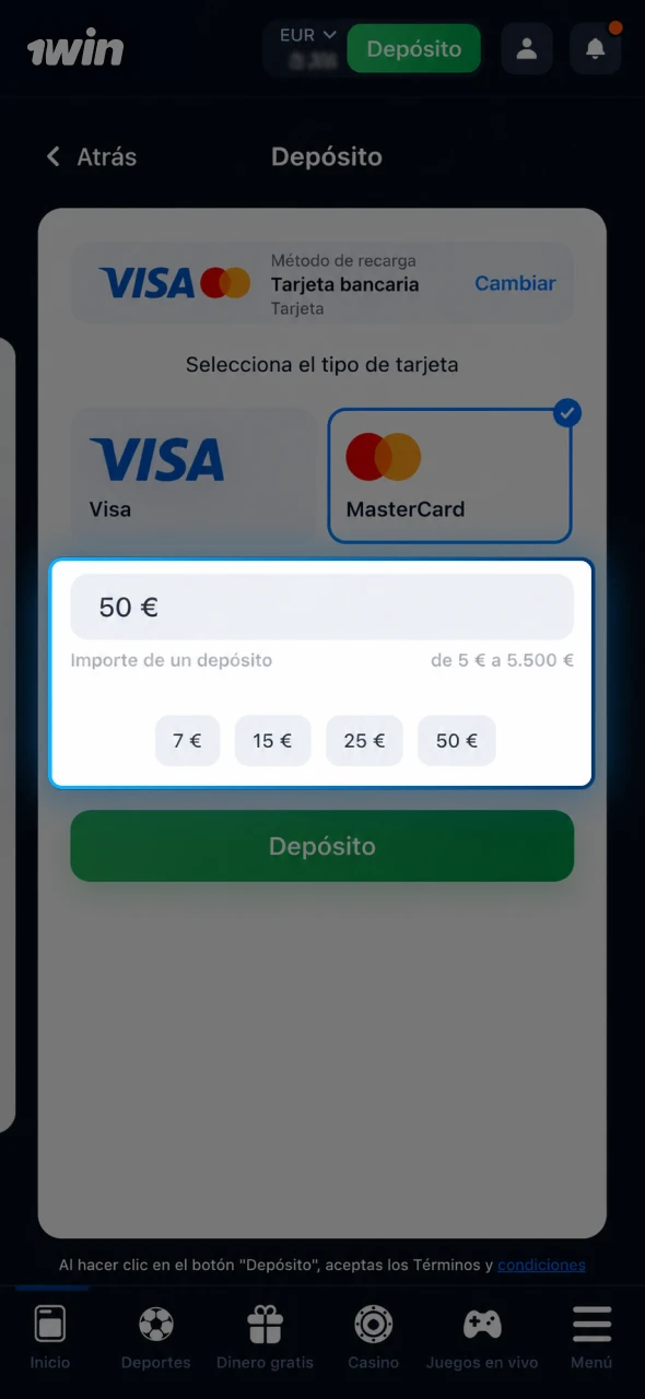Consulta cómo introducir el monto de tu depósito en 1win.