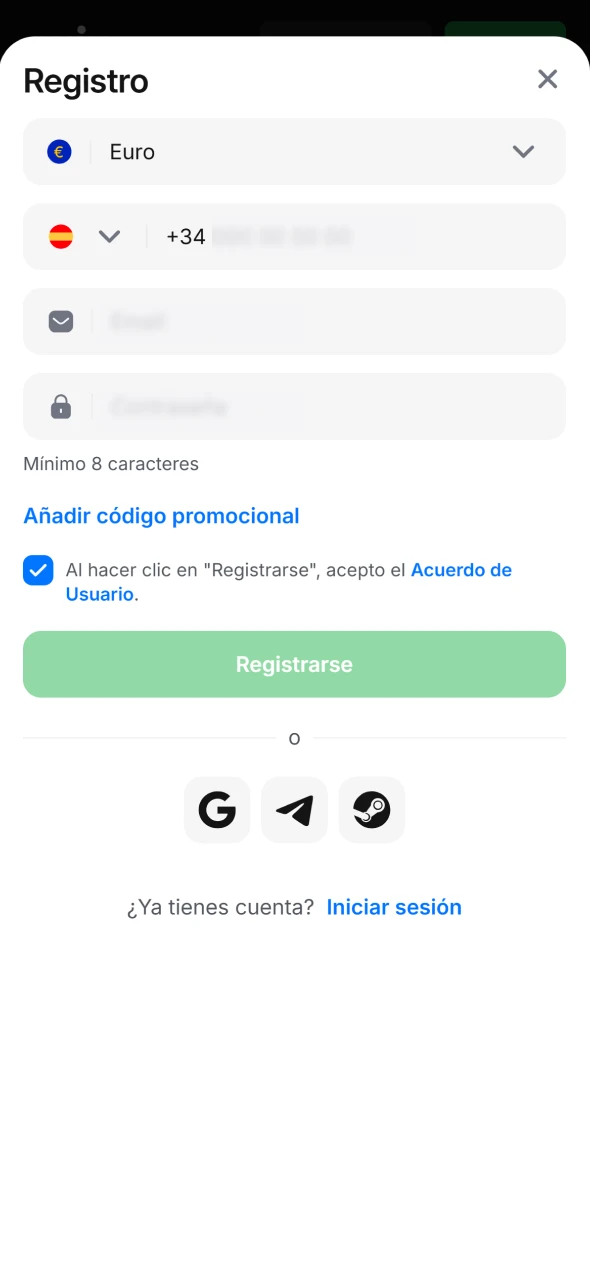Introduce tus datos y crea una cuenta en 1win.