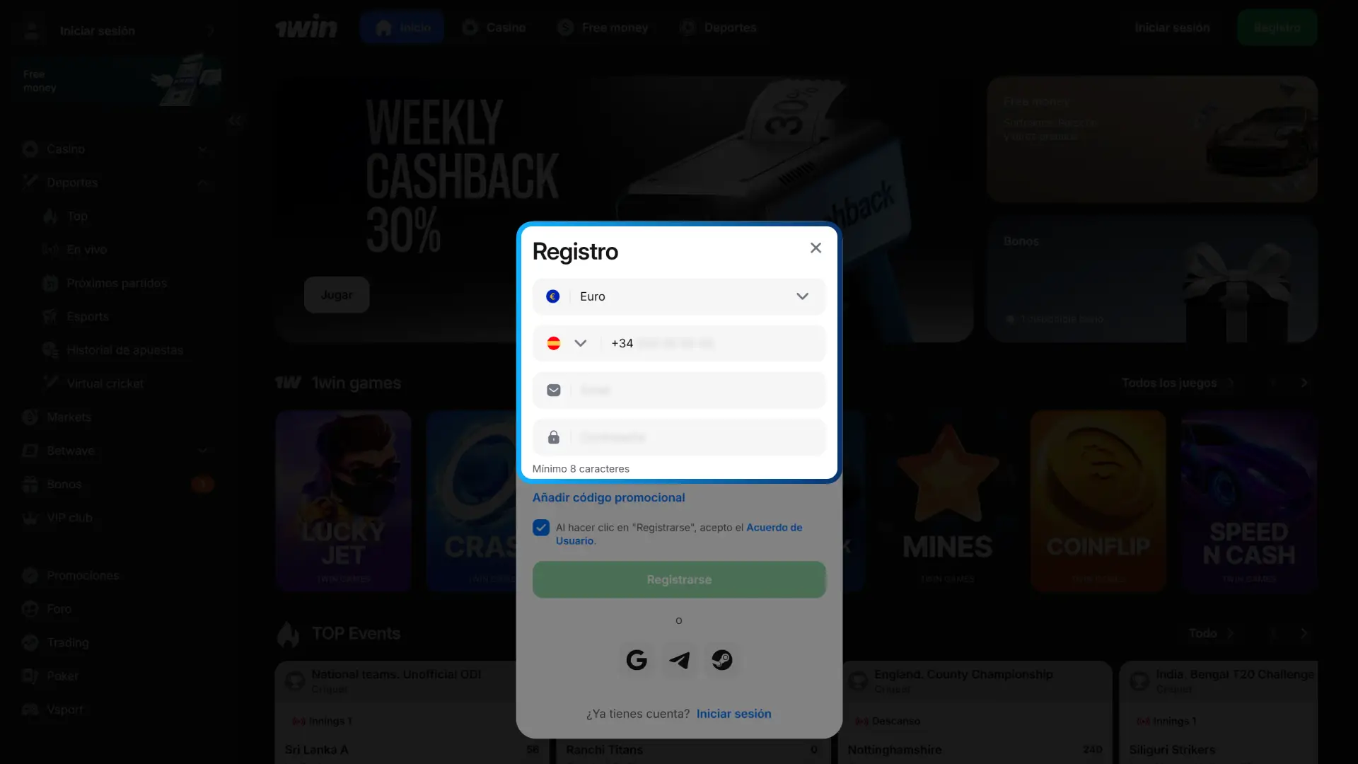 Descubre cómo completar el formulario de 1win y elegir tu moneda.