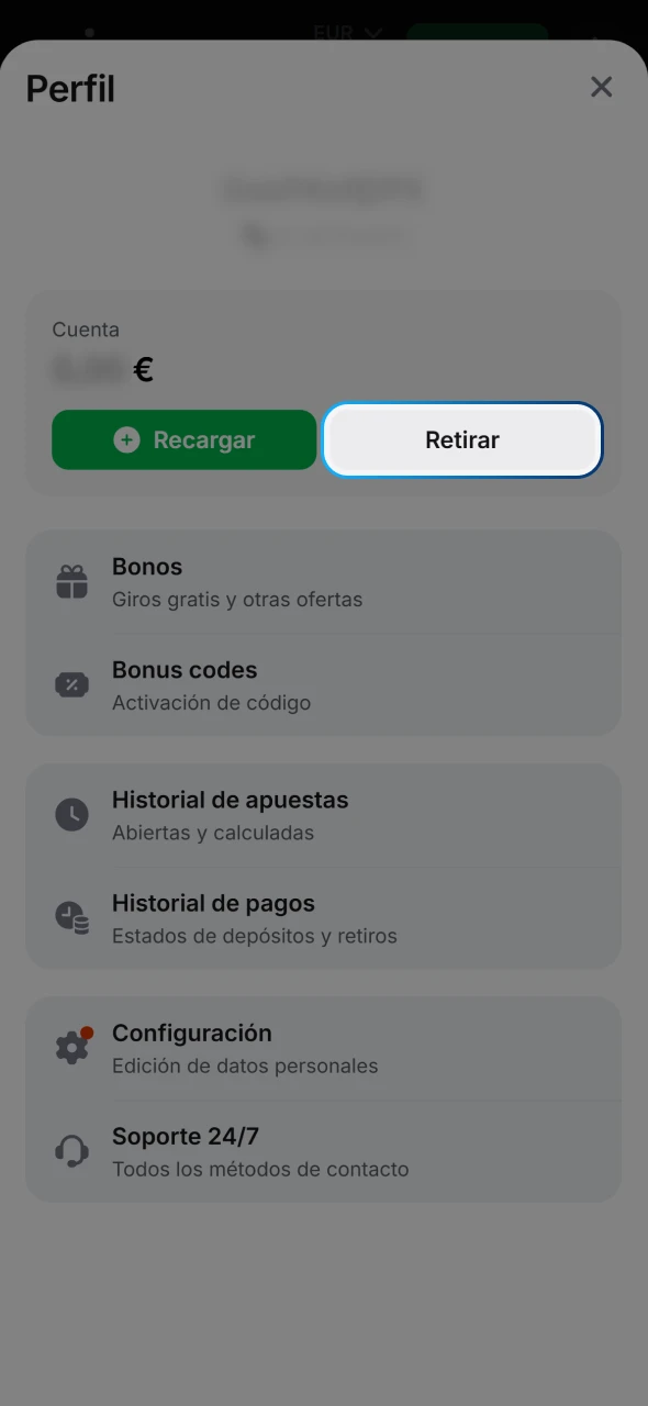 Abre la sección de retiros para ver los métodos y el historial.